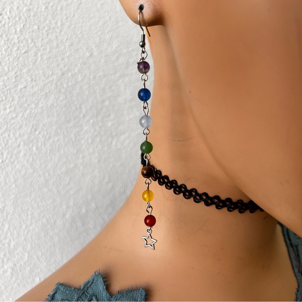 Glass chakra Dangle Bead Earrings, 7 Glass & Crystal Rainbow Shoulder Duster